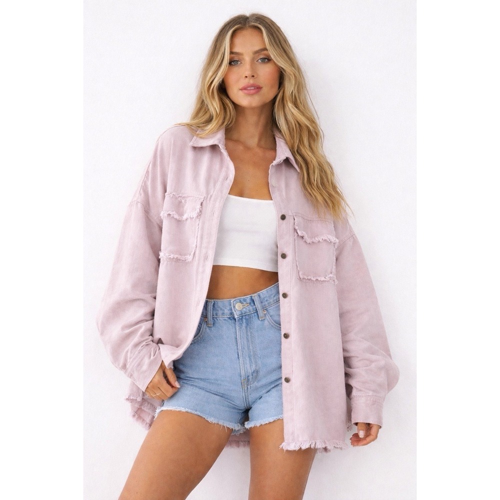 Scandal Italy Pink Distressed Denim Shacket Jacket Womens M Frayed Oversized